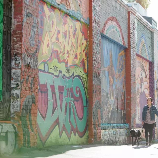 Um casal andando pelo Balmy Alley na Missão.